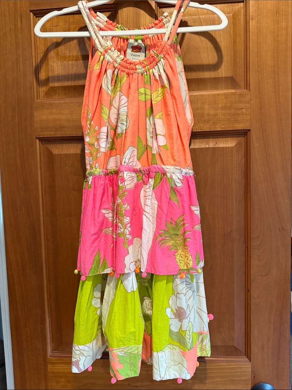 FARM Rio Coral, Pink & Lime Tiered Tropical Halter Dress